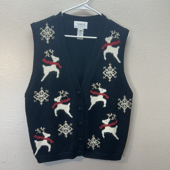 Talbots Size PL Black Reindeer Knit Christmas Holiday Button Up Sweater Vest - Picture 1 of 5